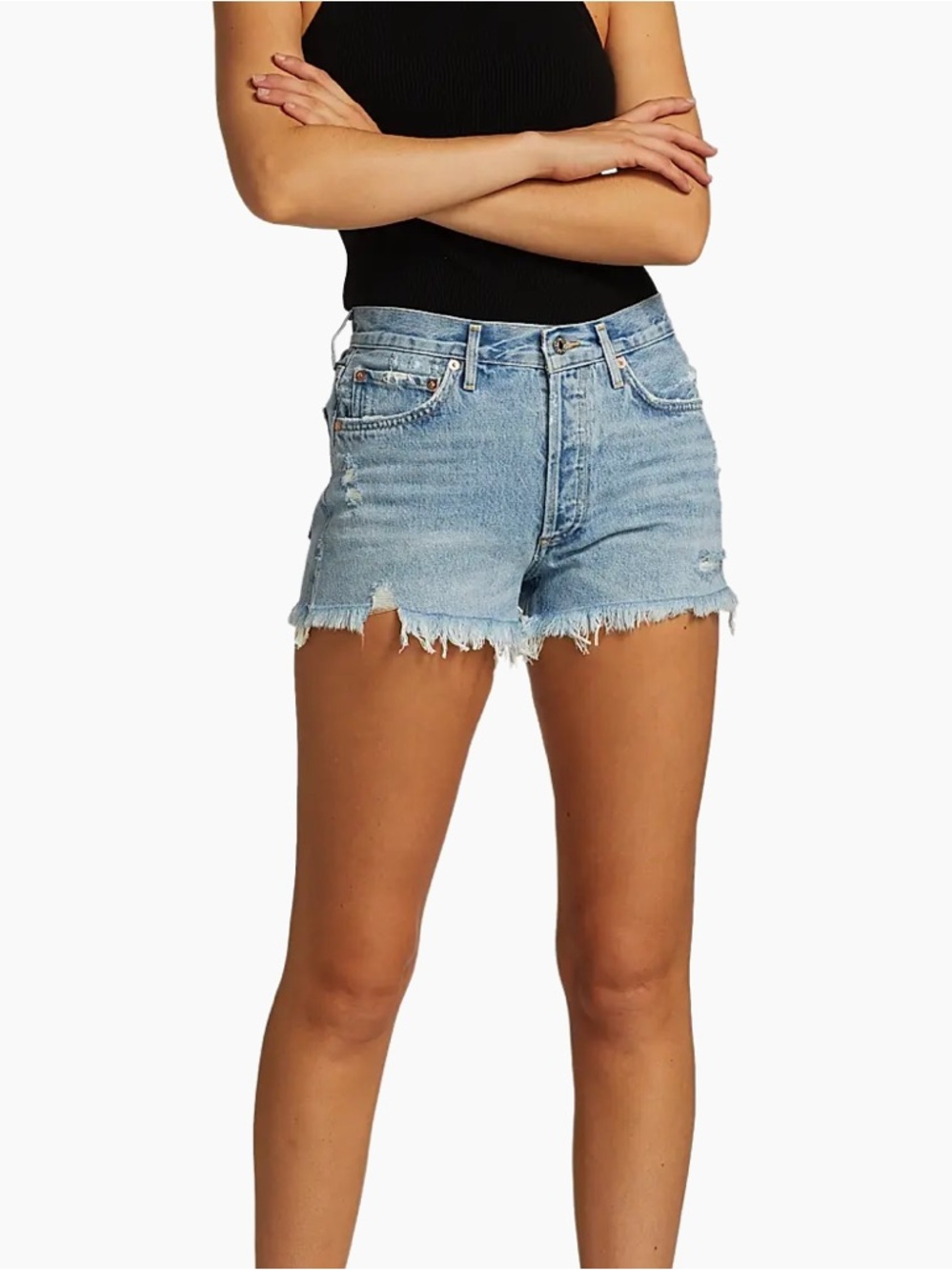 Agolde Parker Long Light Blue Distressed Cutoff Jean Shorts Women’s Size 26